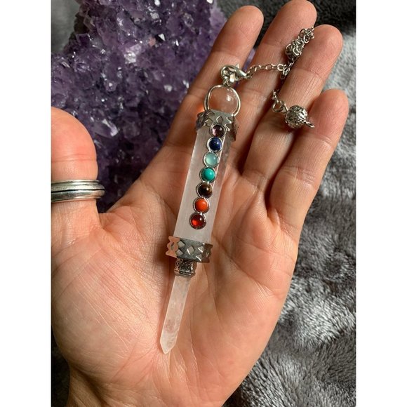 Spiritual Self Amethyst + Quartz Wand Divination Pendulum Pendant Necklace - Picture 5 of 8